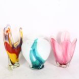 2 free-form Art glass vases, and a blue and white glass vase, height 22cm red blue yellow vase - a