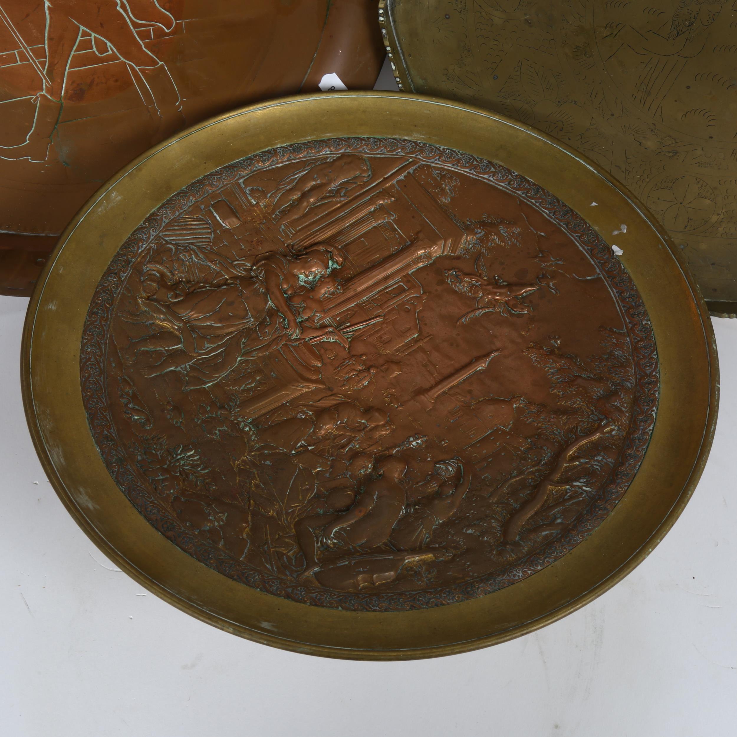 An Antique copper and cast-brass Greek mythological tazza, Chinese engraved brass tray and a Johnnie - Image 2 of 2