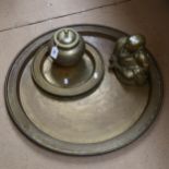 A large circular Indian brass tray, a smaller tray, brass Buddha, and jar and cover (4)