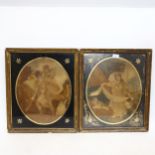 A pair of Victorian oval silk work panels, depicting figures with children, mounted in glazed