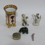 Royal Crown Derby vase, 11cm, pillbox, jade bear etc