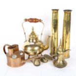 A lot of various brass items, including 2 shell casings and a brass teapot etc