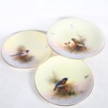 3 Royal Worcester plates - Magpie by Charles Stinton, a bullfinch comport and plate by E Barker,