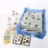 A quantity of world coins and banknotes, including enamel crown brooch etc