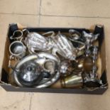 A quantity of silver plated teaware, candlesticks etc (boxful)