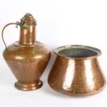 An Antique copper water bowl and ewer, ewer height 45cm