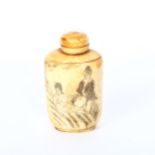 A Japanese bone snuff bottle, with engraved erotic scene and signature, height 7cm