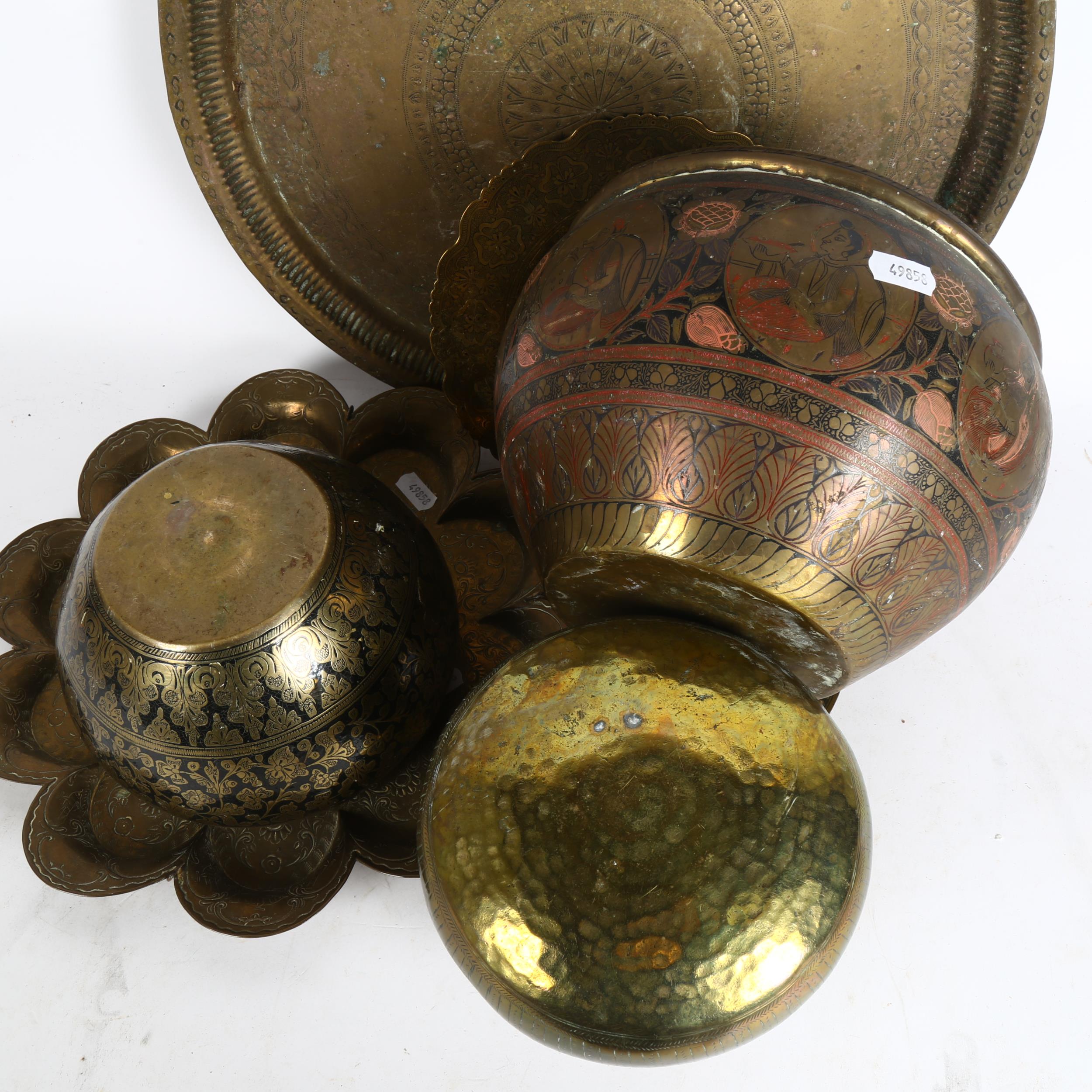 3 Middle Eastern style brass jardinieres, largest height 14cm, diameter 22cm, and 4 Middle Eastern - Image 2 of 2