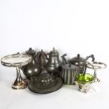 Pewter teapots, plates, silver plated pedestal comports, and a basket