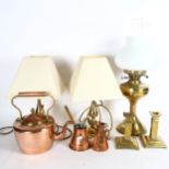 A pair of brass table lamps and shades, Antique copper kettle, oil lamp, 2 tall glass vases etc