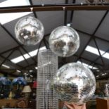 3 mirror glitter balls, 2 with hanging fittings, 1 has no fitting for hanging, diameter 30cm