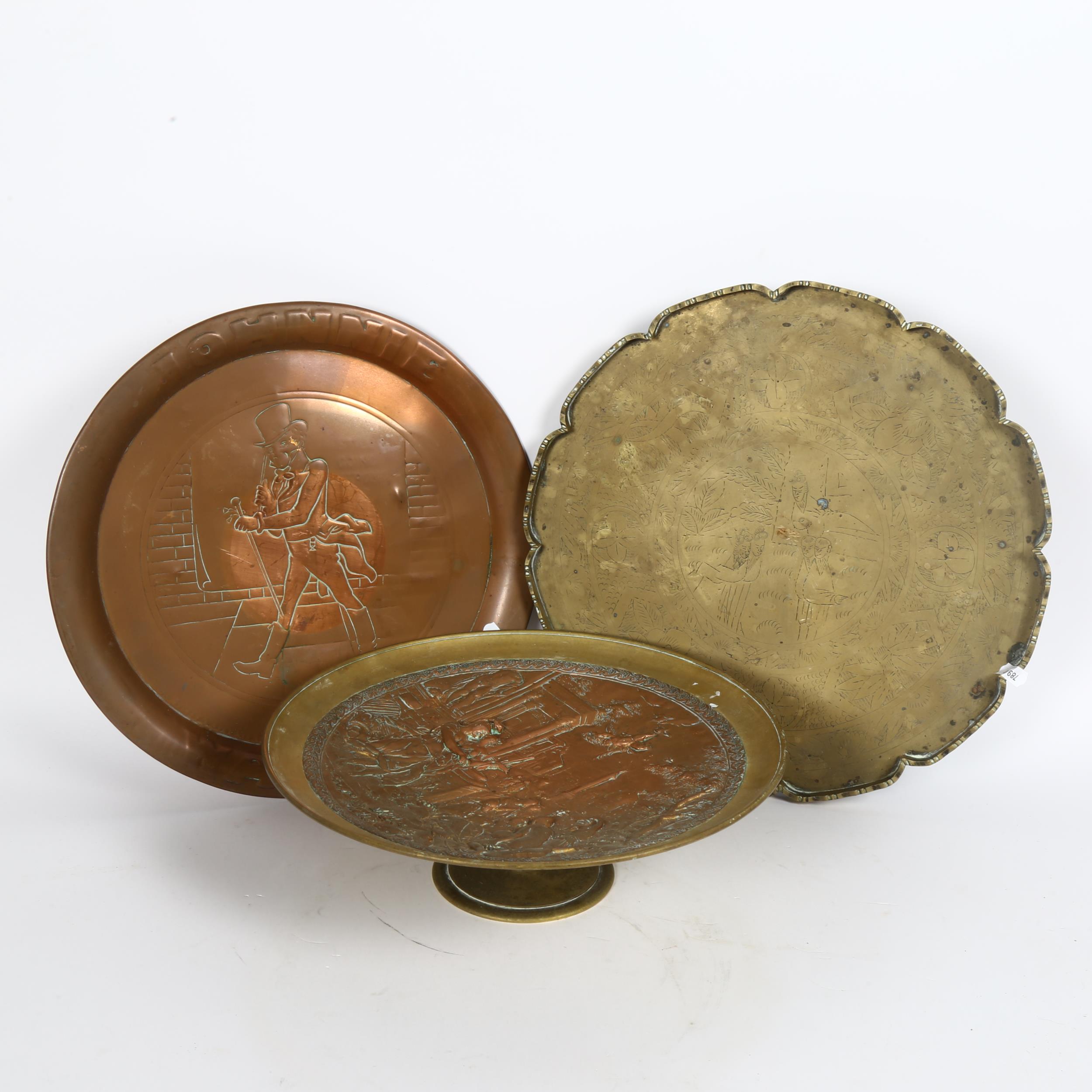 An Antique copper and cast-brass Greek mythological tazza, Chinese engraved brass tray and a Johnnie