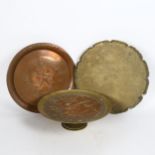 An Antique copper and cast-brass Greek mythological tazza, Chinese engraved brass tray and a Johnnie