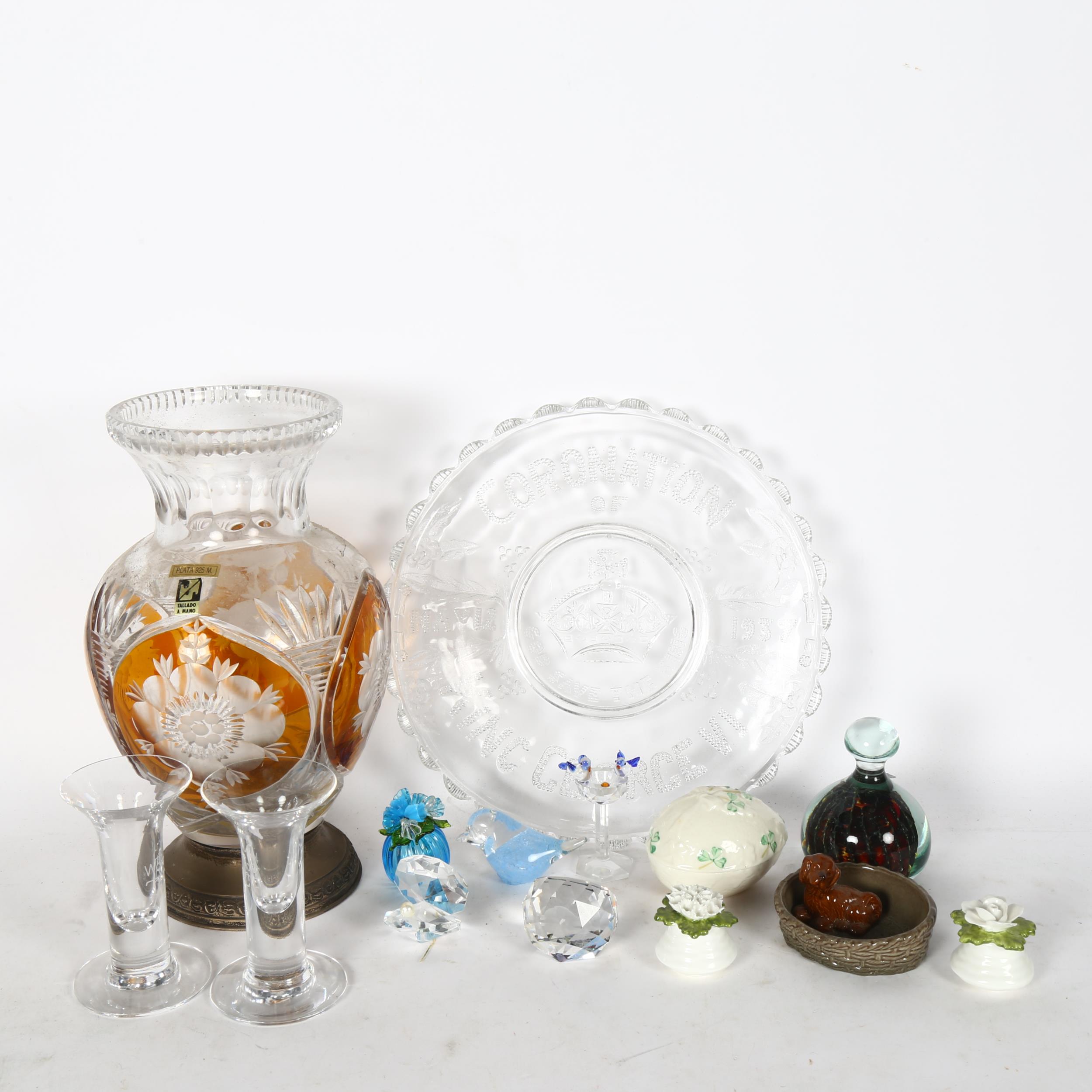 Amber overlay crystal vase on plinth, 26cm, glass paperweights, Belleek egg box, 1937 Coronation
