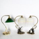 A pair of swan neck brass table lamps and shades, height 36cm, and another with green glass shade