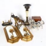 A pair of mirrored wall lights, 36cm, a pricket candlestick, horses, spelter group, and a