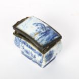18th century Delft pottery box, with pewter mount, length 7cm, height 6cm, A/F Lid has been broken