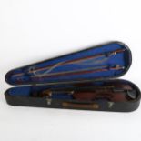 A Vintage violin and bow in case, spare bow in case also Both bows and violin itself will need