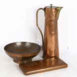 An Arts and Craft Gebruder Bing Nurnberg water jug, height 28cm, an Arts and Crafts copper and brass
