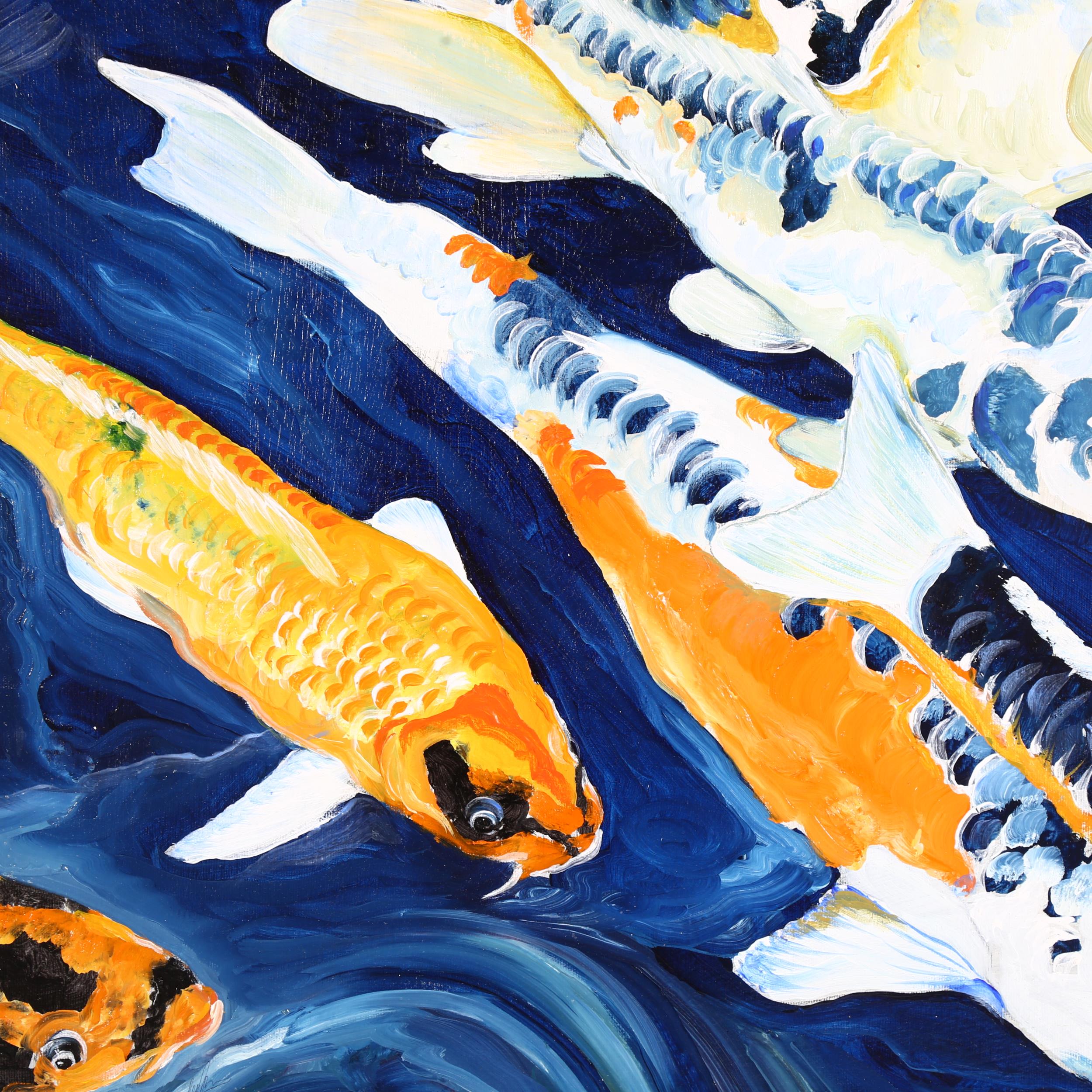 Clive Fredriksson, oil on board, shoal of Koi carp, 87cm x 74cm overall, framed - Image 2 of 2