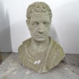 A weathered concrete garden statue of Roman bust, H50cm
