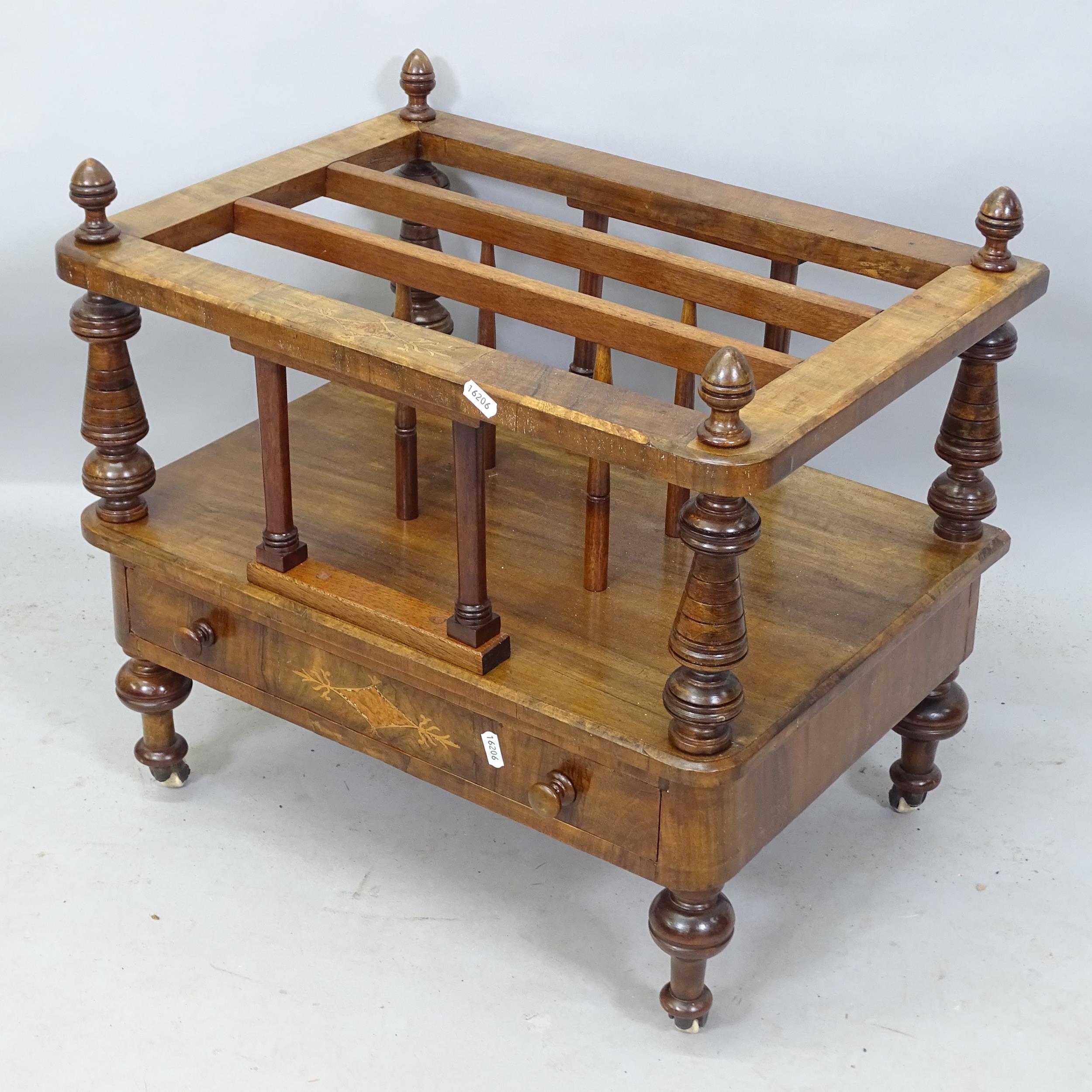 A Victorian walnut Canterbury, with single fitted drawer and inlaid decoration, 56cm x 50cm x 42cm