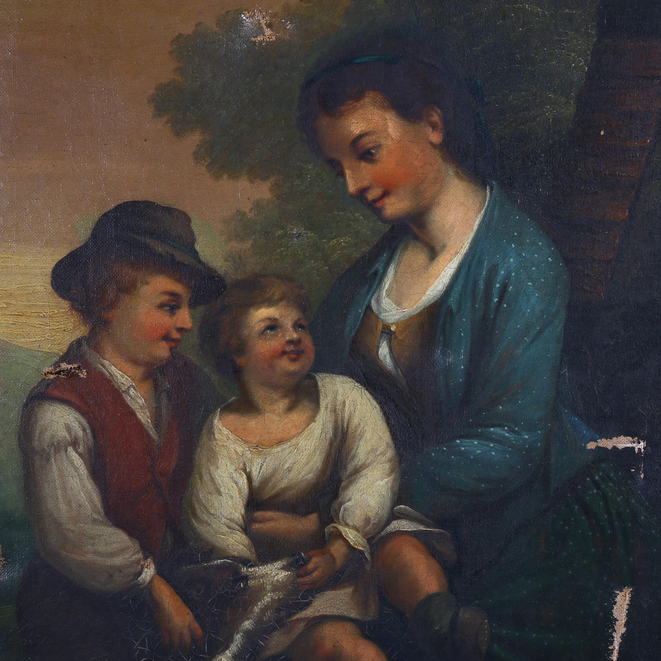 19th century oil on canvas, woman and children with a dog, unsigned, 92cm x 71cm, unframed (A/F) - Image 2 of 2