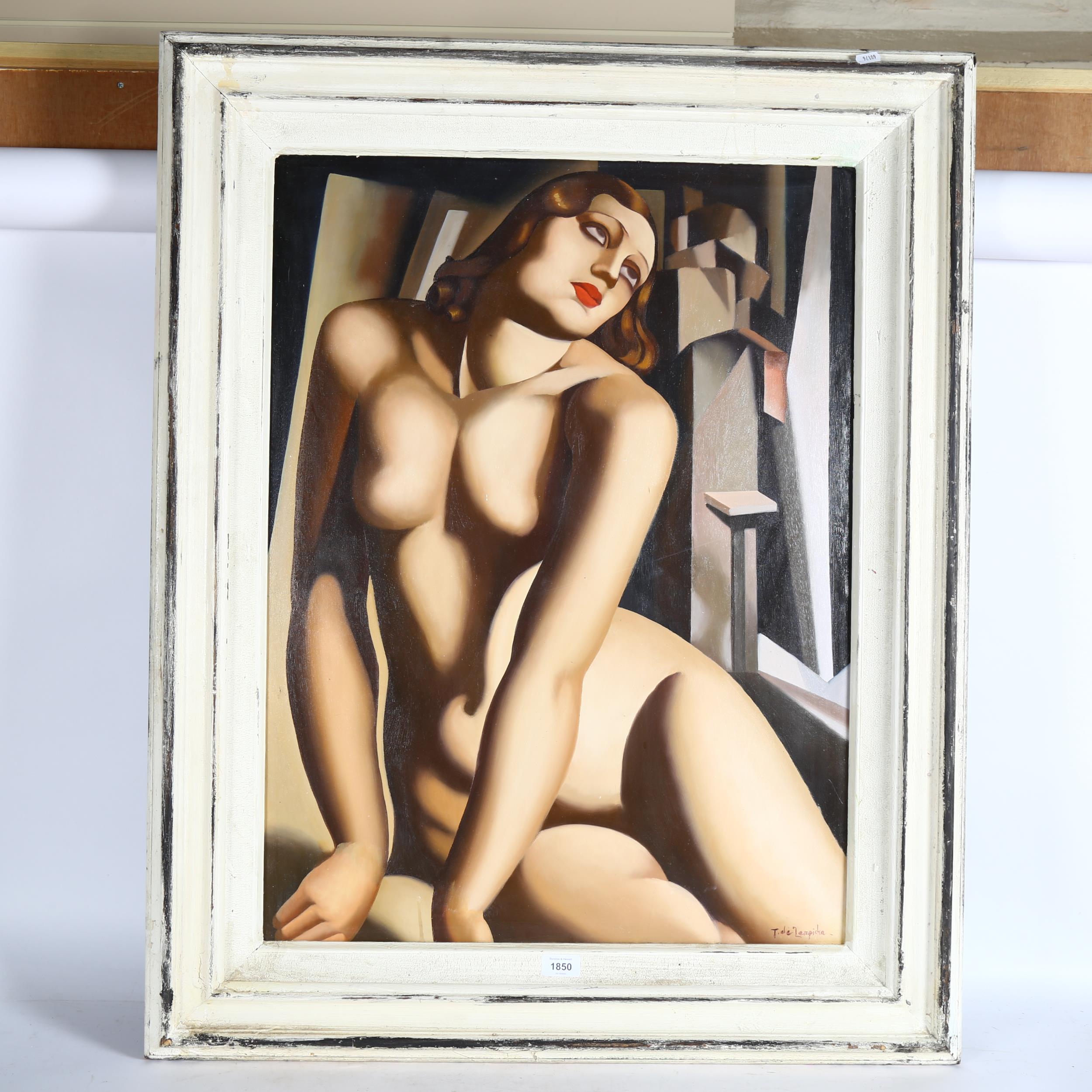 After Tide Lempicta, an Art deco style oil on board, still life study of a nude lady, 100cm x 80cm