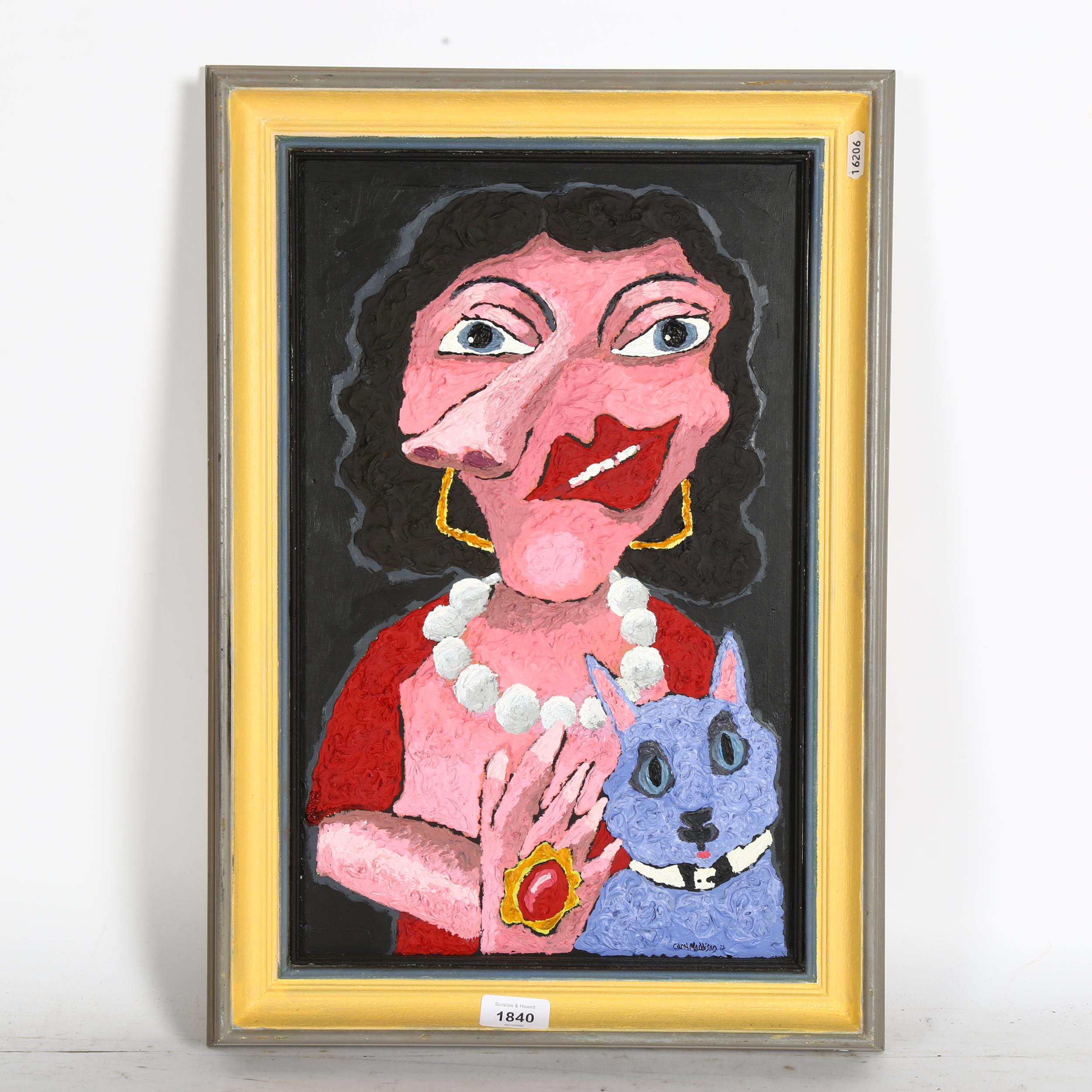 Carol Maddison, impasto oil on board, abstract study, lady and her cat, 54cm x 38cm overall, framed