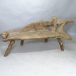 A stained rootwood bench, 155cm x 78cm x 70cm