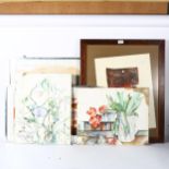 Jenneret, pair of watercolours, pair of abstract mixed medias, unsigned, and another (5)