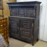 An Antique oak 2-section court cupboard, with chip carved decoration, on stile legs, 145cm x 186cm x
