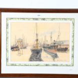 John H Francis, watercolour, boats at harbour, 54cm x 66cm overall, framed