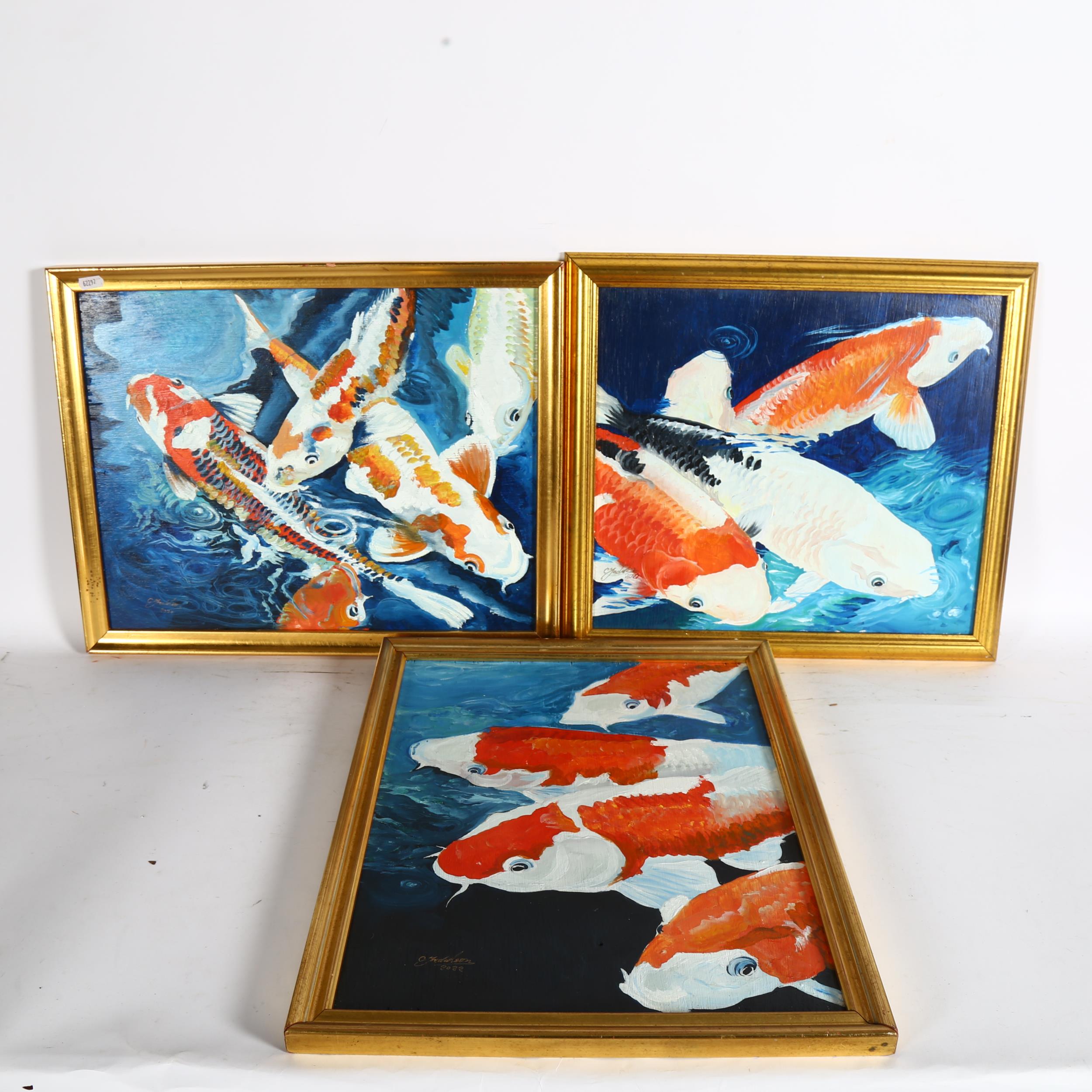 Clive Fredriksson, 3 small oils on board, Koi carp, all framed, 50cm x 40cm