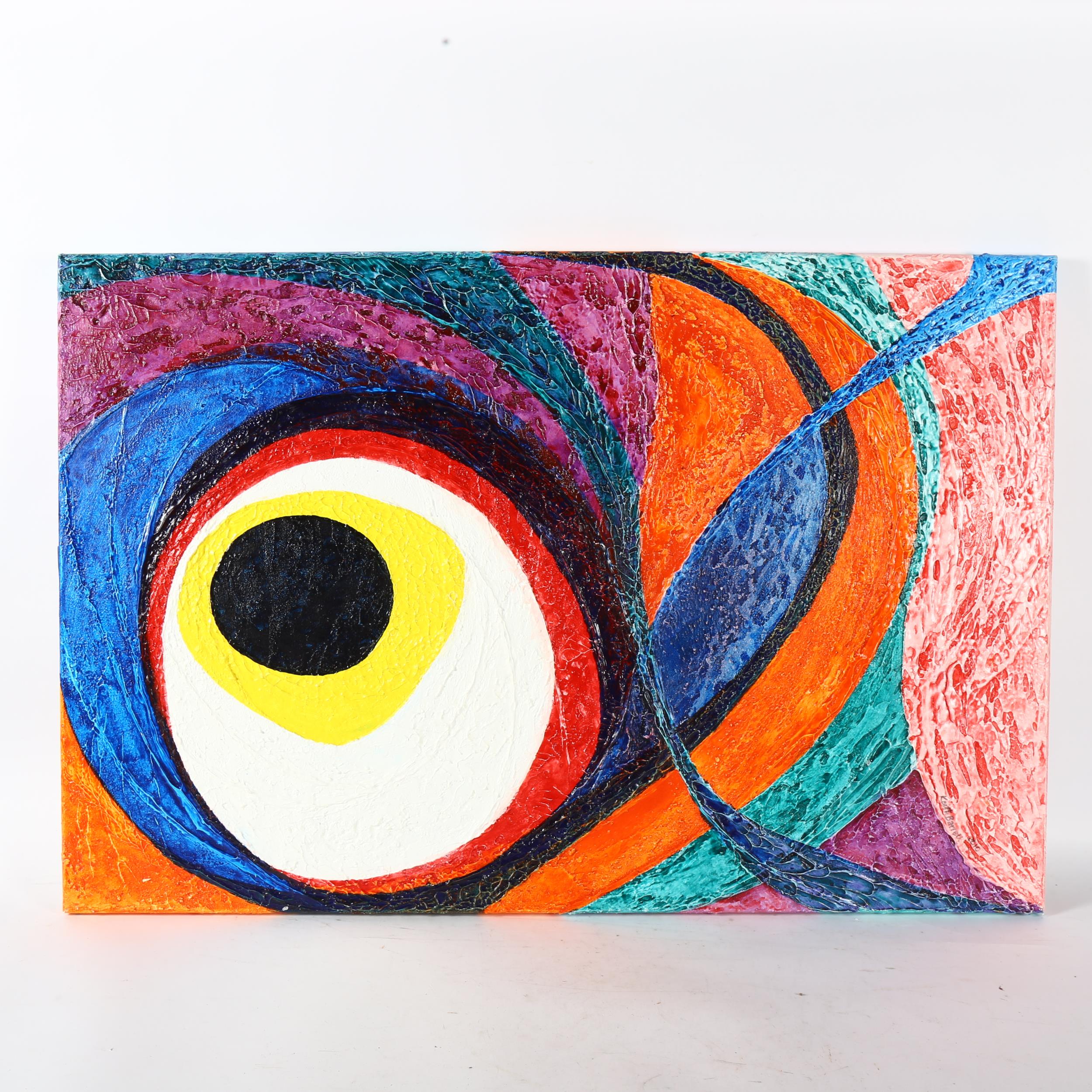 Mixed media on canvas, "concentric, overlapping, coloured arcs", 90cm x 60cm overall, unframed,