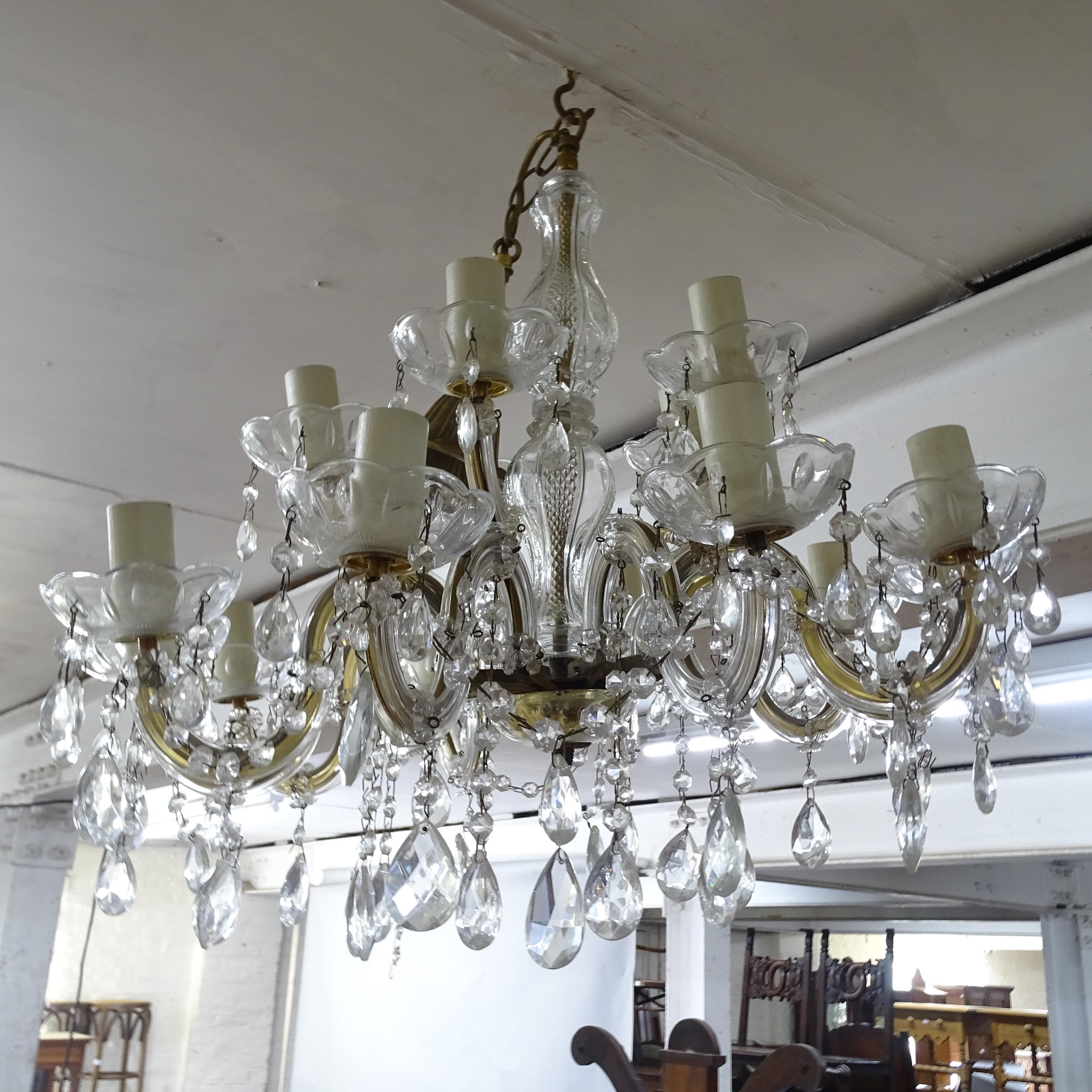 A brass and glass 10-branch chandelier, with lustre drops - Image 2 of 2