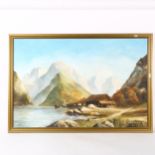 Terry Harrison, oil on canvas, panoramic mountain landscape, 66cm x 97cm overall, framed