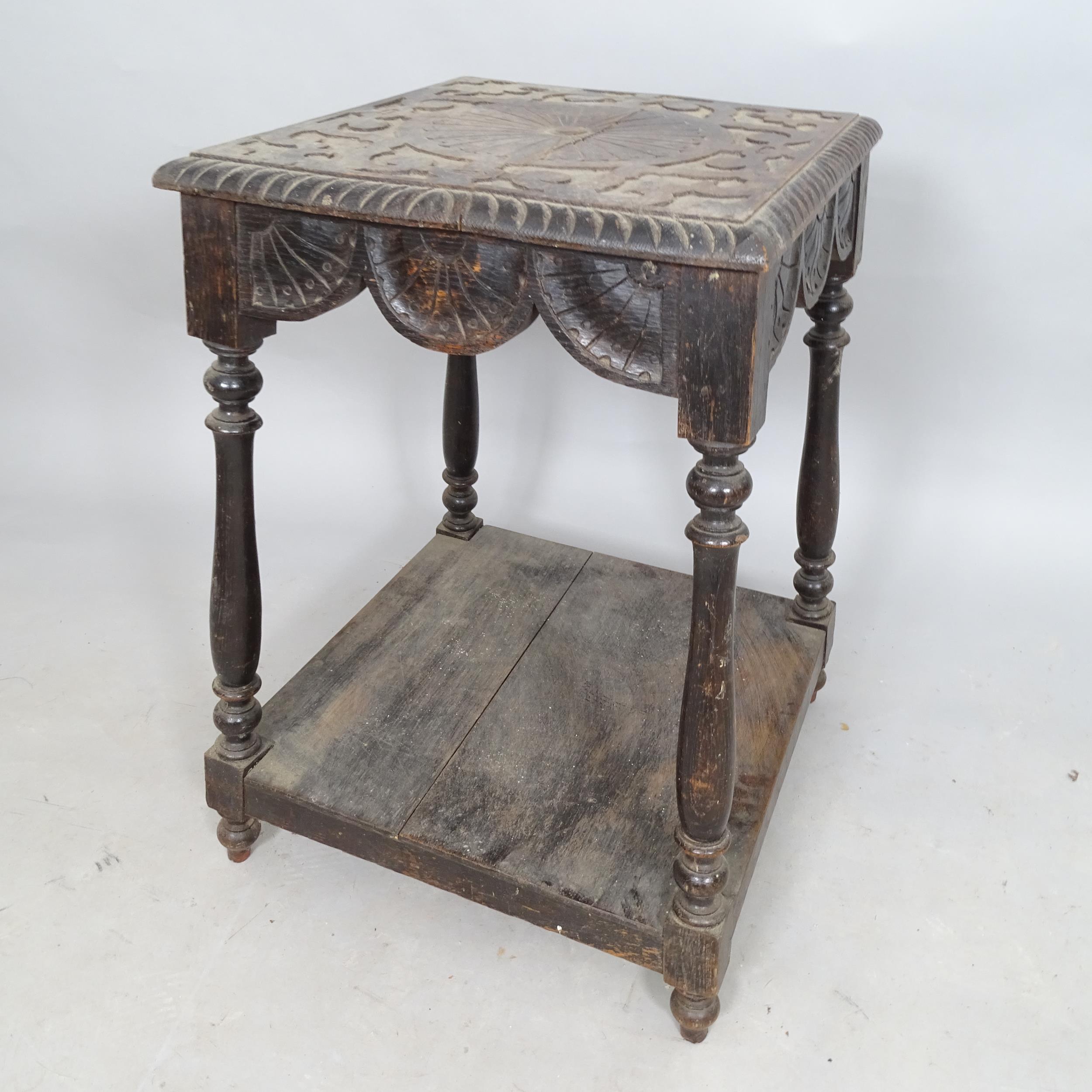 An Antique stained oak square-top 2-tier lamp/occasional table, 54cm x 70cm