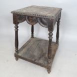 An Antique stained oak square-top 2-tier lamp/occasional table, 54cm x 70cm