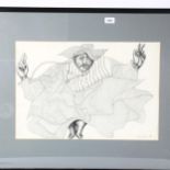 Virgilio, pen and ink drawing, dancing man, signed and dated '89, 37cm x 54cm, framed Good condition