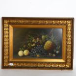 Oil on board, still life study of fruit, unsigned, 55cm x 75cm overall, gilt-framed