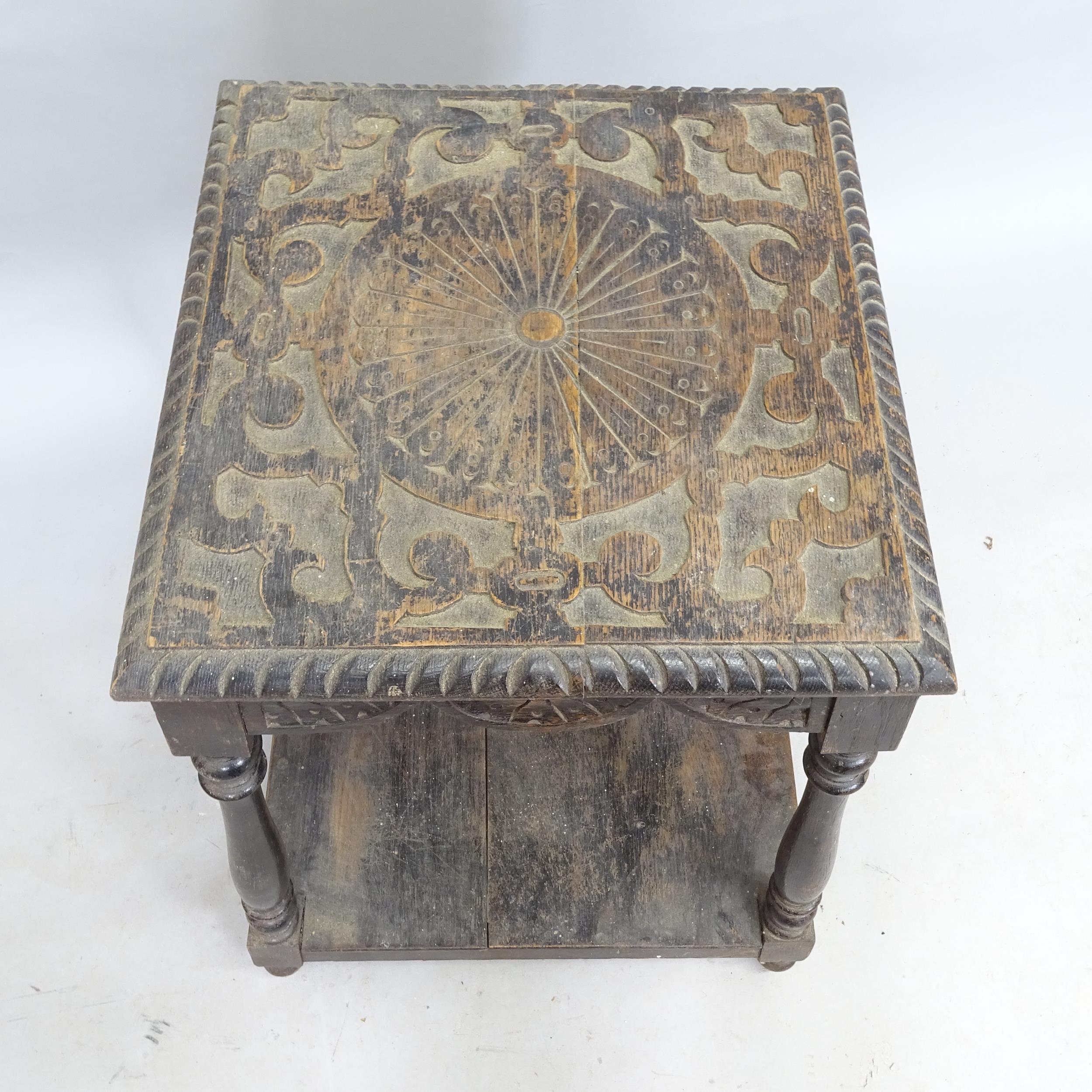 An Antique stained oak square-top 2-tier lamp/occasional table, 54cm x 70cm - Image 2 of 2