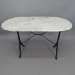 An oval marble-top garden table, on cast-iron base, 120cm x 70cm x 65cm