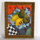 Carol Maddison, impasto oil on canvas, abstract still life, 66cm x 54cm, gilt-framed