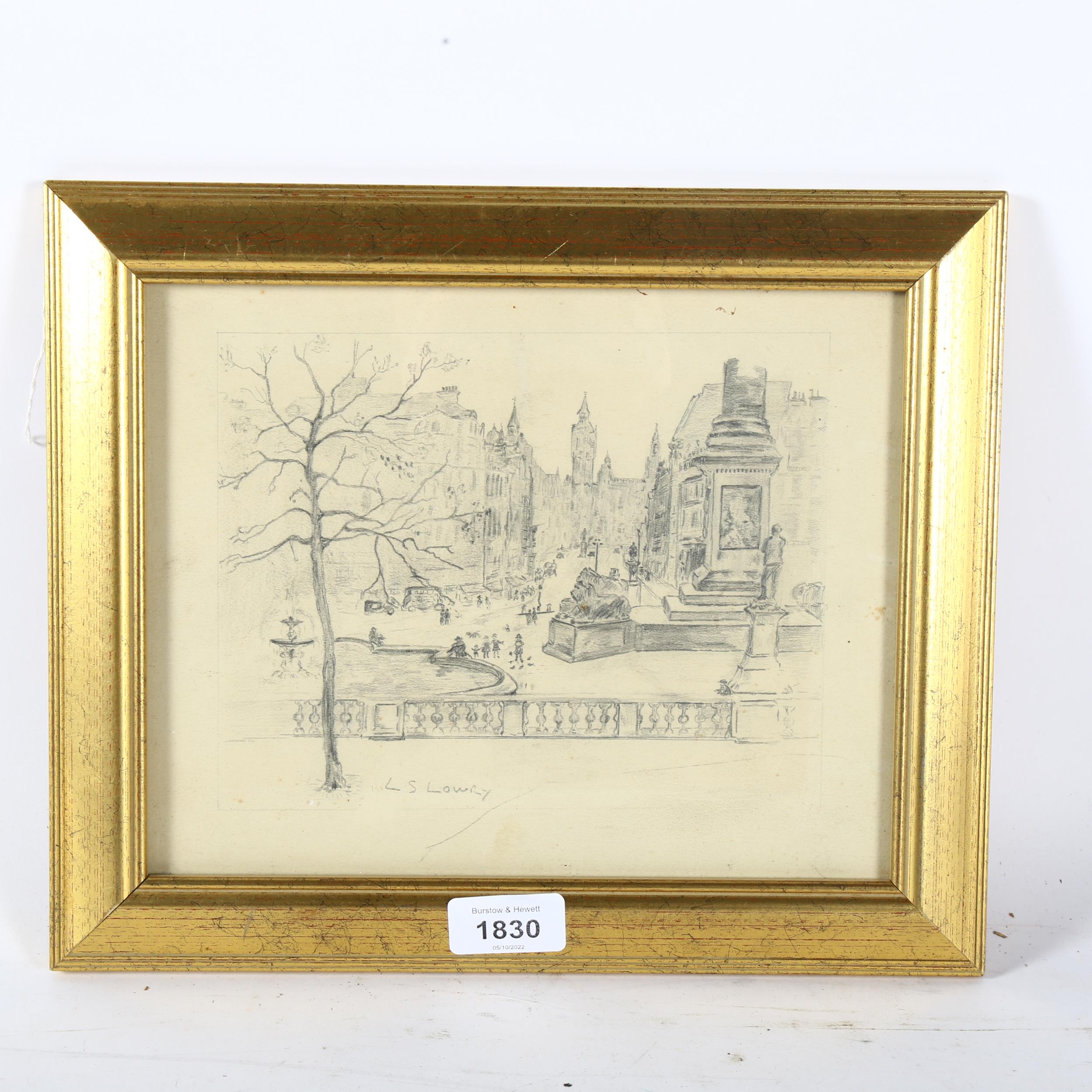 Manner of L S Lowry, pencil drawing, Trafalgar Square London, image 15cm x 20cm, framed A few tiny