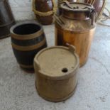 An Antique copper milk can, H54cm, a small coopered oak barrel, and a coopered elm bucket (3)
