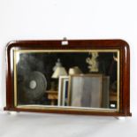 A 19th century walnut and chequered-banded over mantel mirror, on white ceramic bun feet, W84cm,