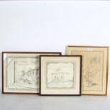 3 mid-century charcoal drawings, all indistinctly signed, framed