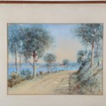 Travers, watercolour, riverside road, 28cm x 37cm, framed Slight paper discolouration, mount