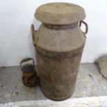 A galvanised milk can, and a Mutlow? paraffin lamp with War Office mark (2)